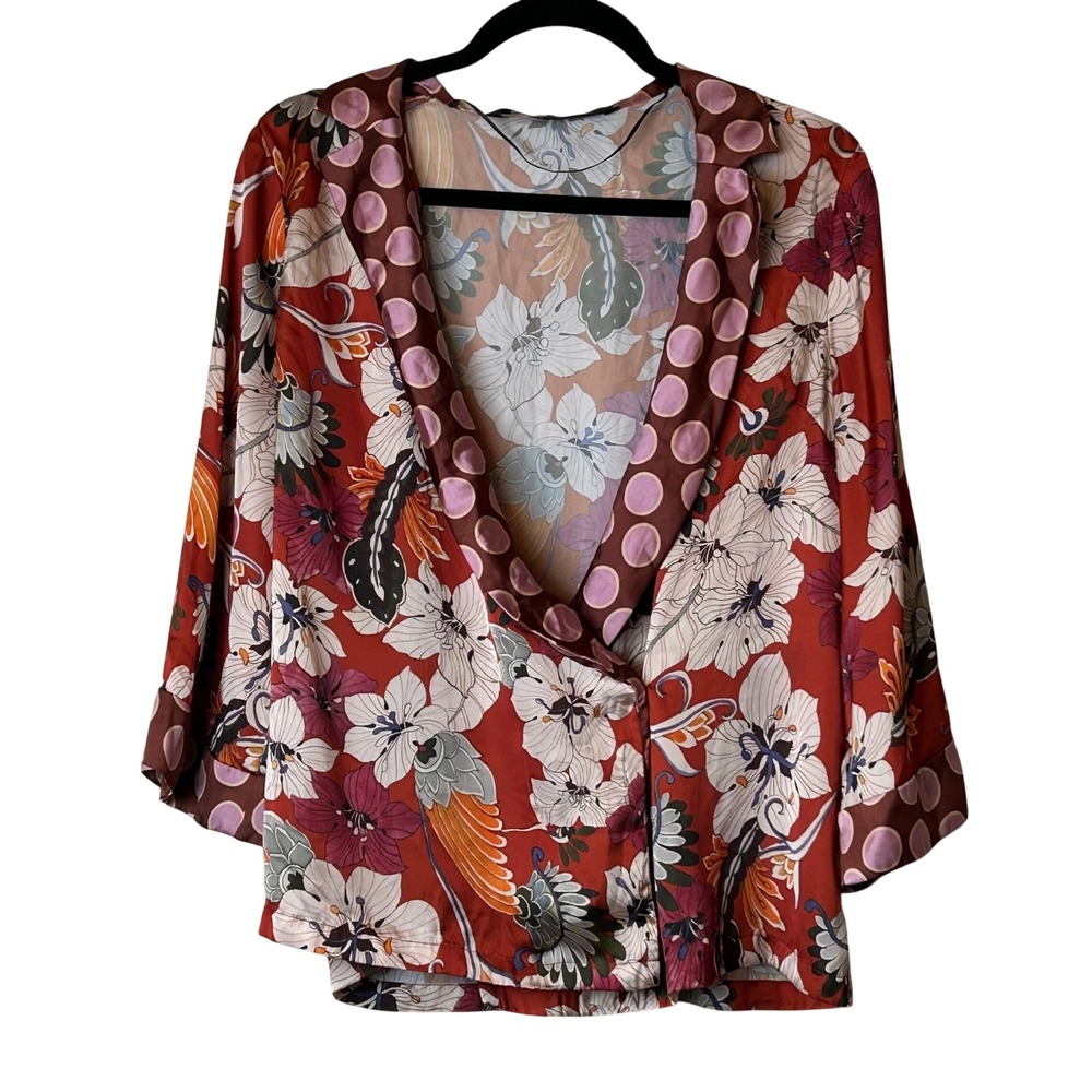 ZARA Satin Wrap Going Out Top M Red Floral Polka Dot Kimono Scarf Print Boho